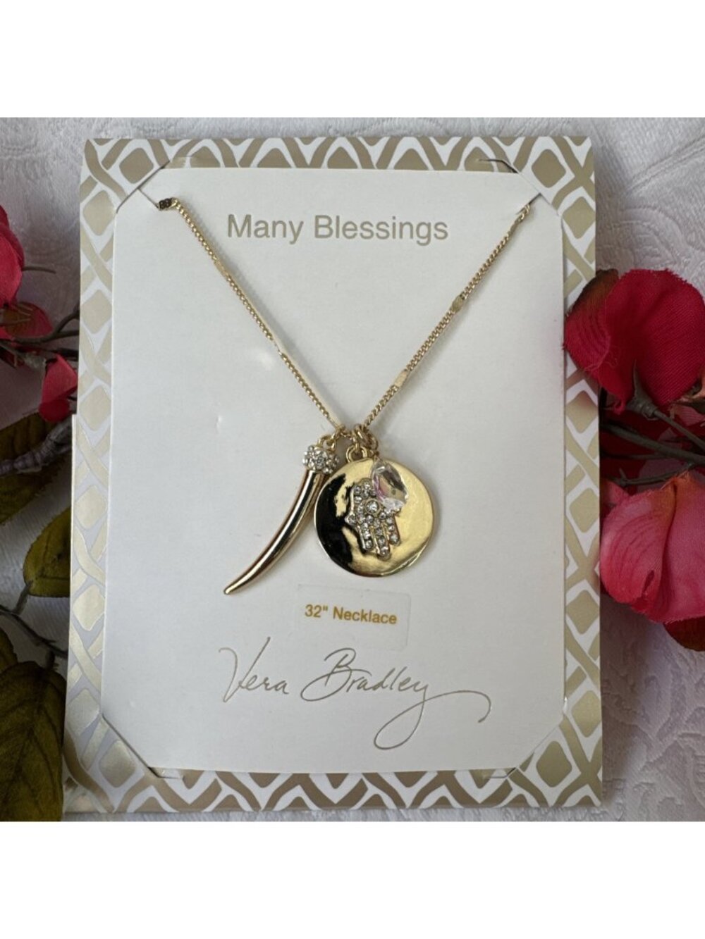 Vera Bradley Many Blessings Gold SilverTone Pendant 32" Hamsa Charm Necklace NEW